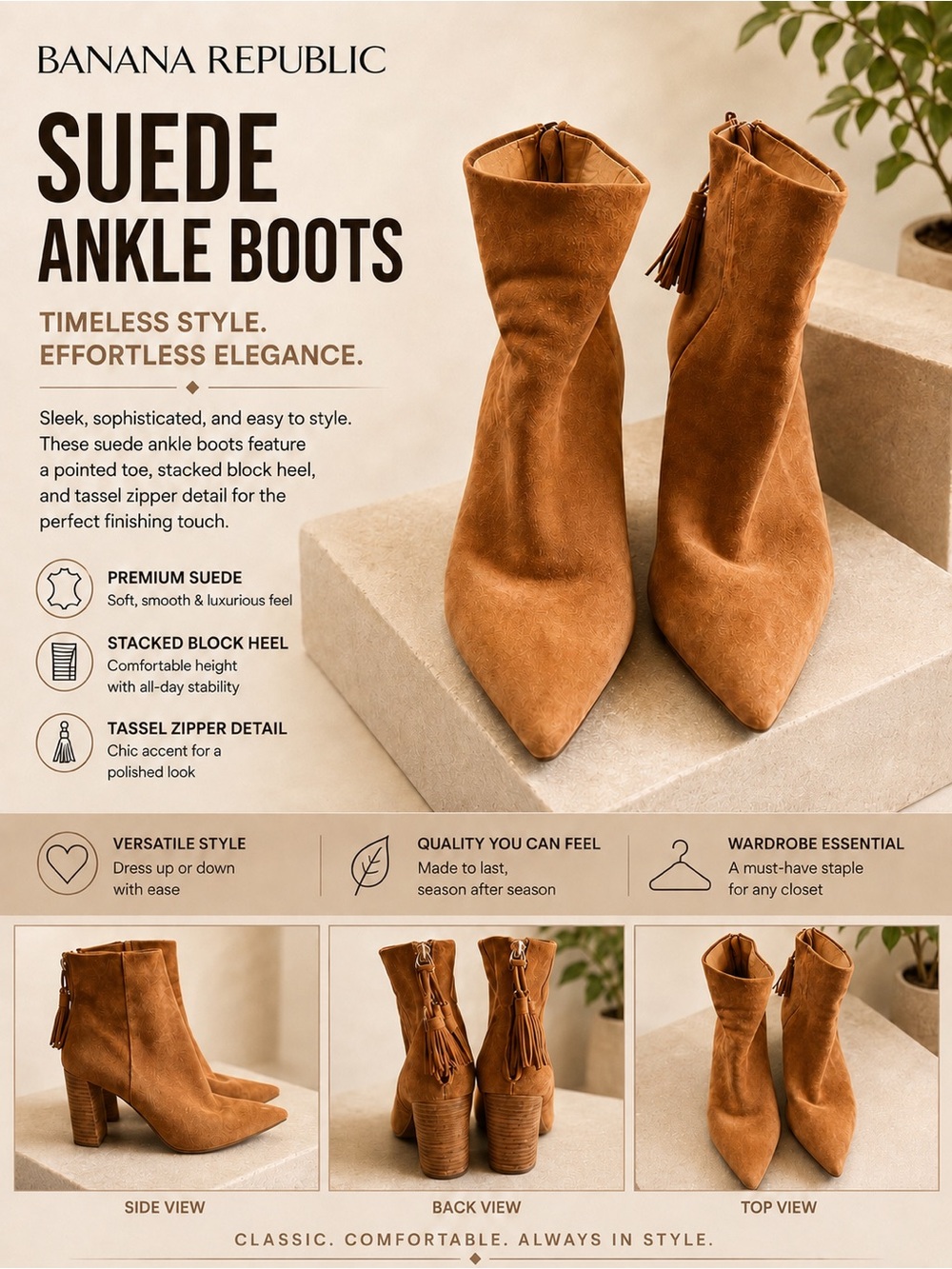 Banana Republic Tan Suede Pointed Toe Tassel Ankle Boots Size 6.5